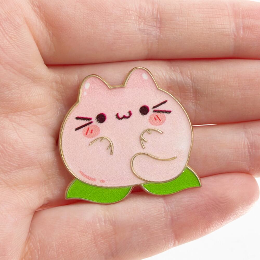 Peach Pink Cat Enamel Pin Kawaii Kitty Floral Leaf Collectible Brooch